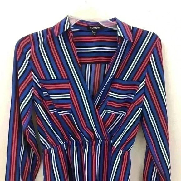 Express Red White Blue Lines Long Sleeves Dress - Picture 4 of 6